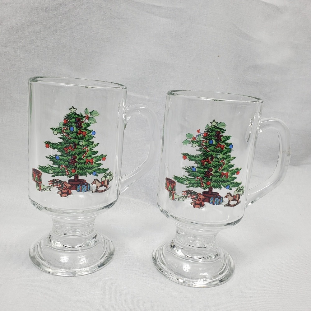 Pair of Spode Christmas Tree Pedestal Glass Irish Coffee Mugs Gold Rim EXCELLENT